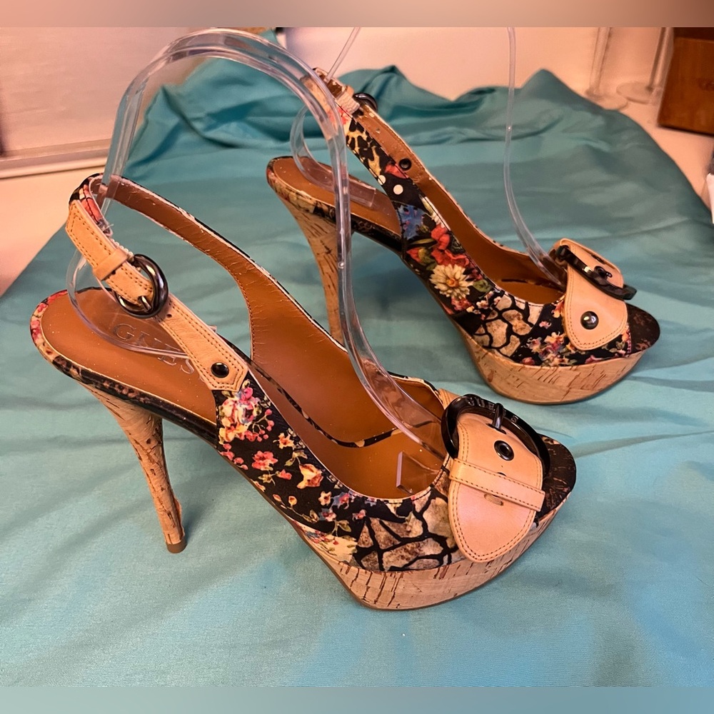 Guess Floral Cork Platform Slingback Stiletto Heels - Black & Tan